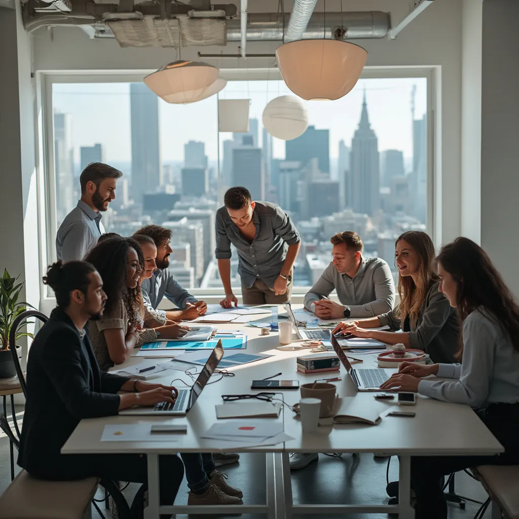 Equipo colaborativo trabajando en una estrategia de negocios
